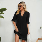 Cassia | Women V-Neck Knee Length Dress Ruffle Detail