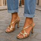 Heeled Sandals Women Gold Crossover Strappy Metallic Thin Heel