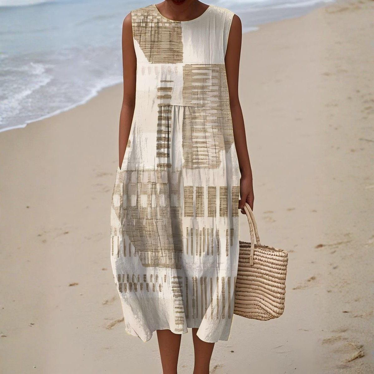 Women Linen Dress Sleeveless Printed Midi | Quinn