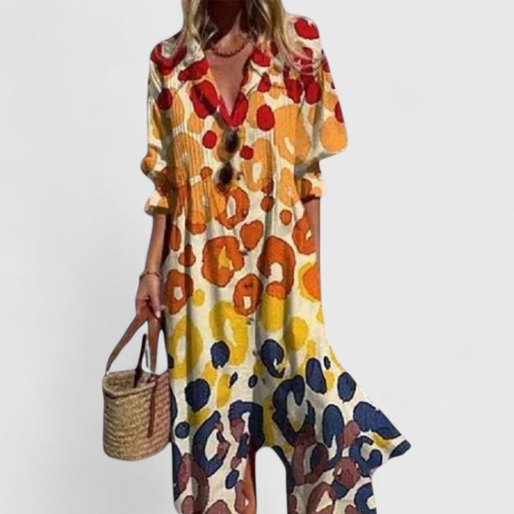 Della | Boho Dress | Women's Floral Midi, Bold Colors | All-Occasion