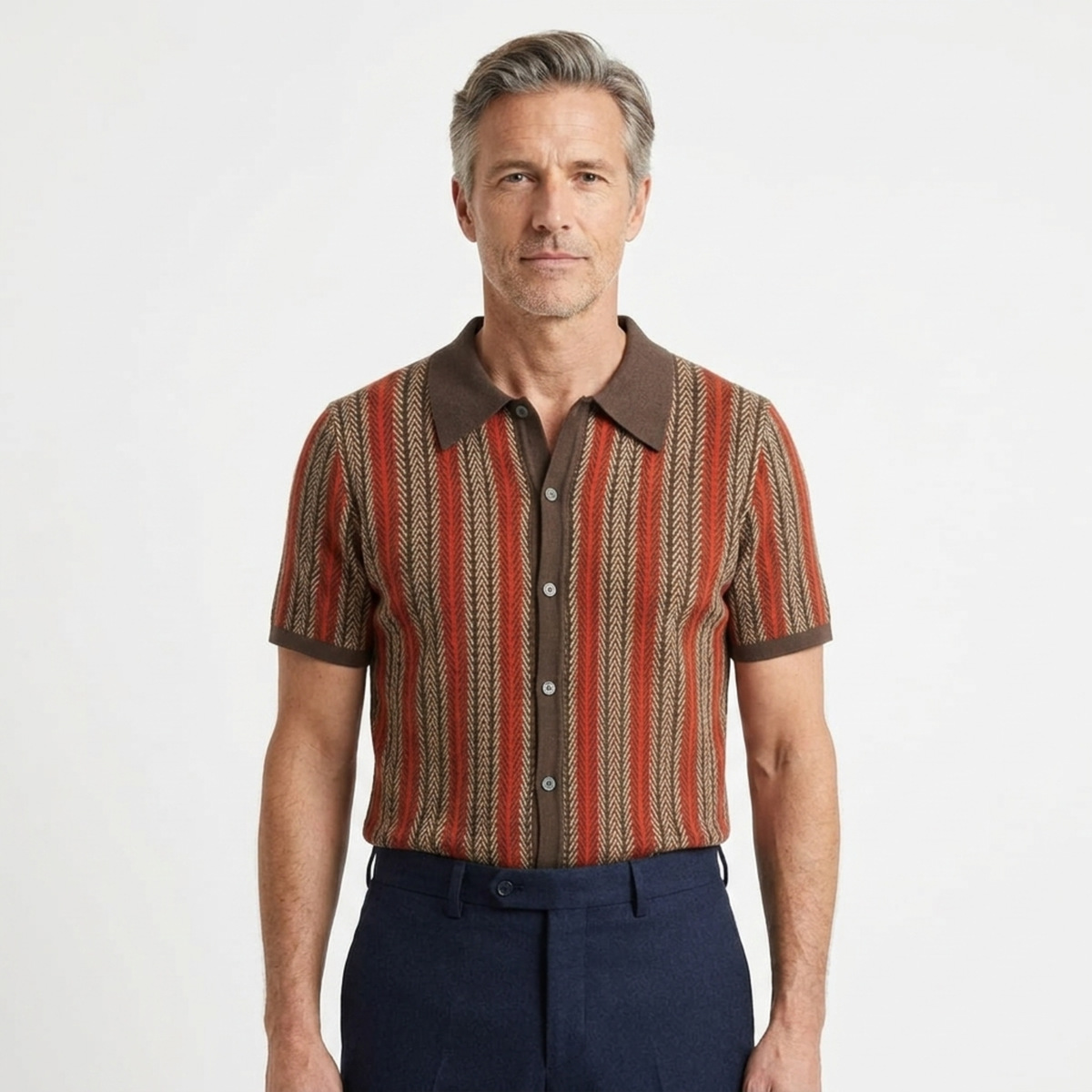 Resort Wear Men Knit Polo Shirt Vertical Stripe | Embla