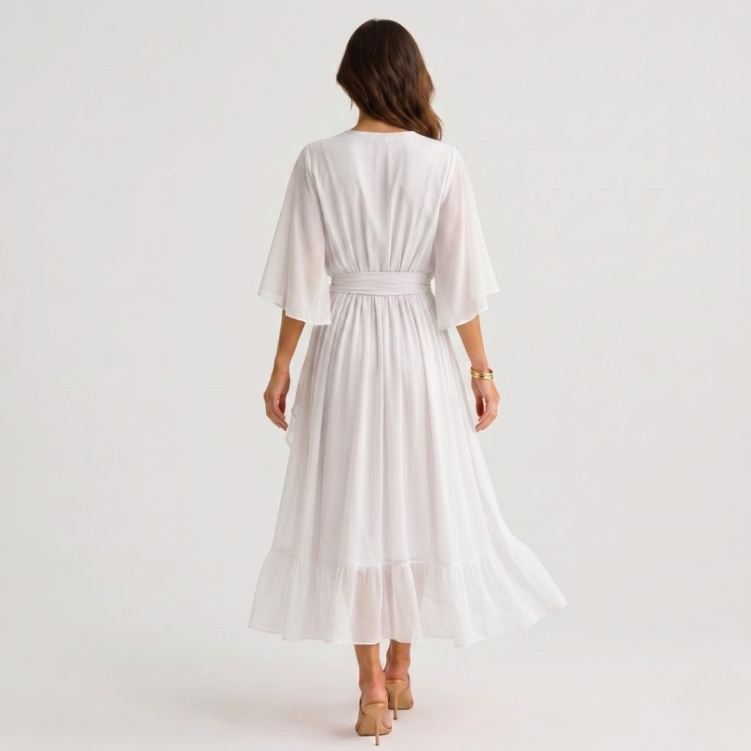 Midi Dress V Neck Wrap Waist Tie Layered Hem | Honor