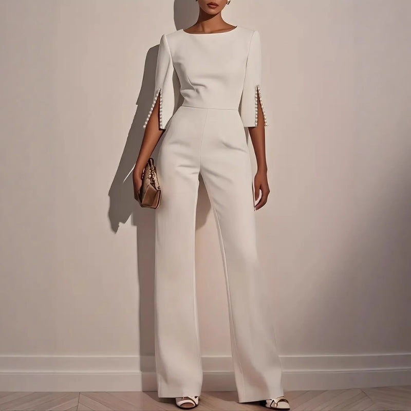 Yvaine | Women's Wide Leg Jumpsuit | Pearl Sleeve Detail, Relaxed Fit