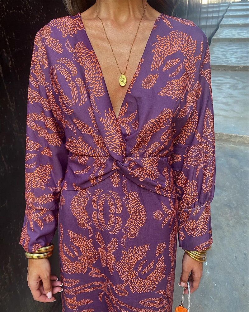 Women's Maxi Dress | Boho Print, V-Neck, Twist Front | Alba