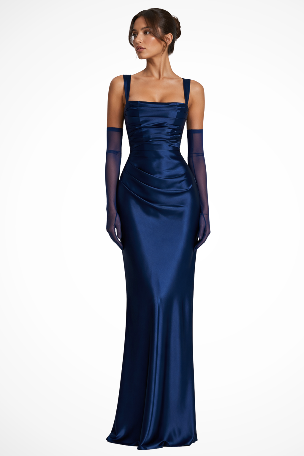 Birdie | Women's Satin Maxi Dress | Square Neck, Ruched, Wedding Guest
