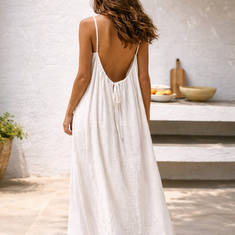 Linen Dress Women Sleeveless Long Maxi Cotton Blend Open Back
