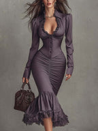 Women Midi Dress Lace Trim Ruched Mermaid Hem | Halcyon