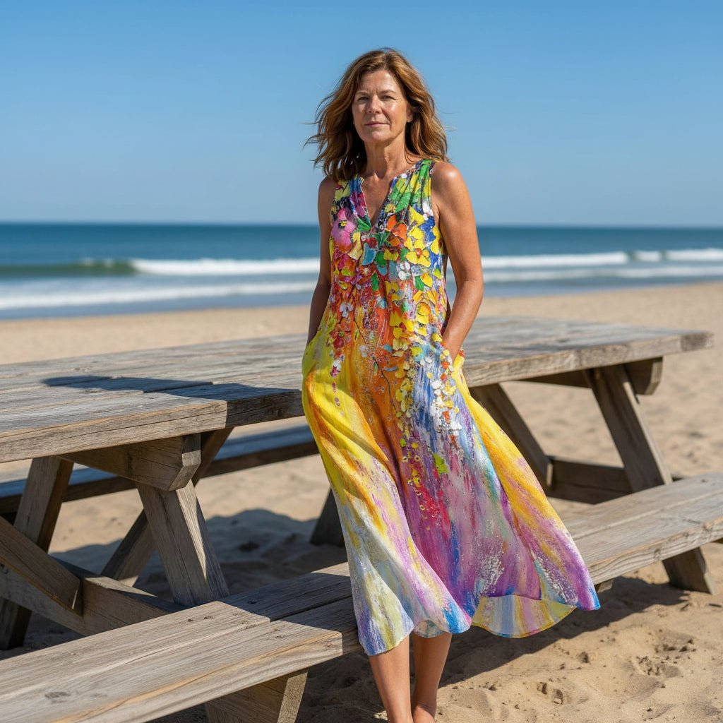 Women Print Maxi Dress Sleeveless With Pockets