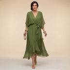 Midi Dress Women Lightweight Flowy Relaxed Fit V Neck Flared Hem