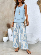 Women 2 Piece Sleeveless Top Wide Leg Printed Pants Set