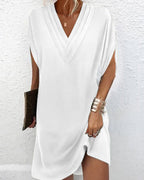 Summer Dress Women Solid V Neck Split Sleeve Loose Fit Casual