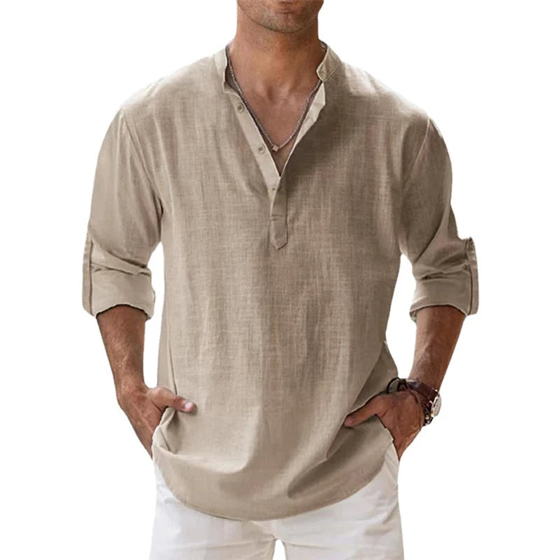 Men Linen Shirt Henley Lightweight Long Sleeve Button Neck Casual