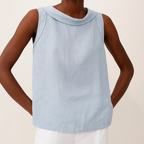 Women Linen Cotton Sleeveless Longline Top Pleated Collar