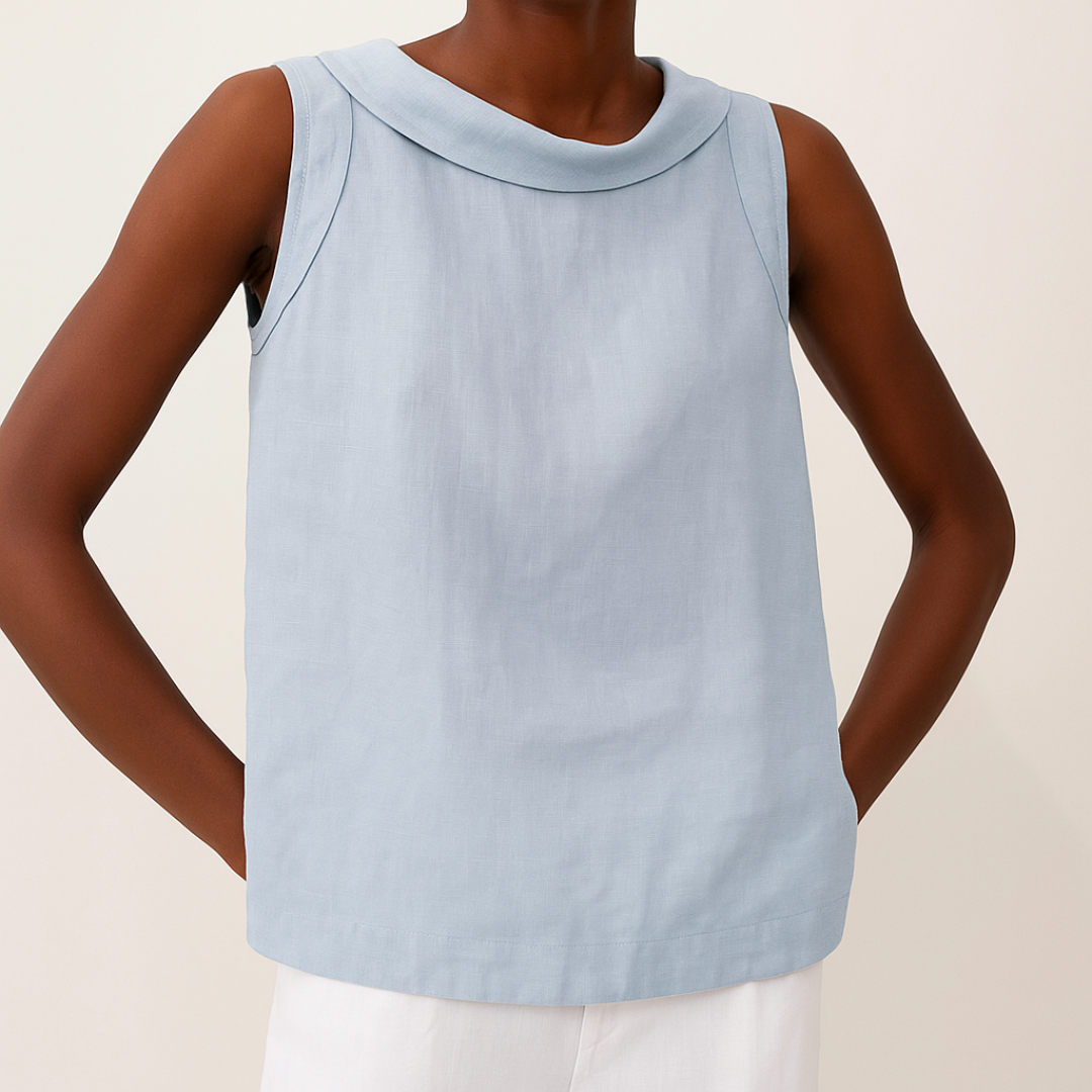 Women Linen Cotton Sleeveless Longline Top Pleated Collar