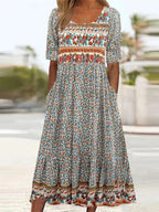 Yara | Women's Midi Dress | Boho Print, Square Neck, Short Sleeve