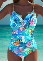 One Piece Swimsuit Women Ocean Print High Waisted Stretch Supportive