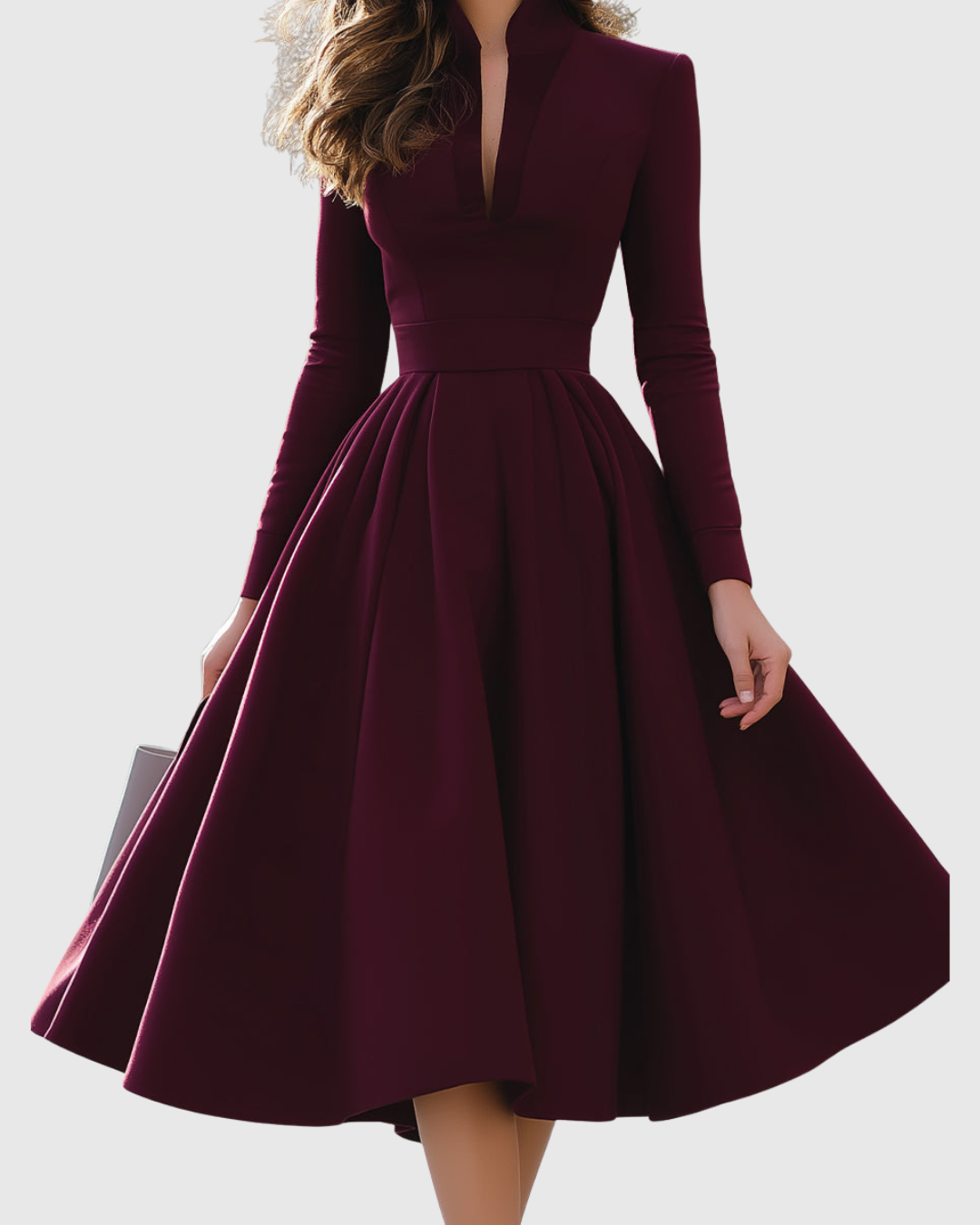 Midi Dress Women Fit Flare V Neck Pleated Skirt Structured Bodice Wine Red