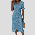 Zinnia | Women's Floral Midi Dress | V-Neck, Puff Sleeves, A-Line | Summer