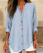 Women Loose Fit Long Sleeve Button-Up Blouse Striped V-Neck