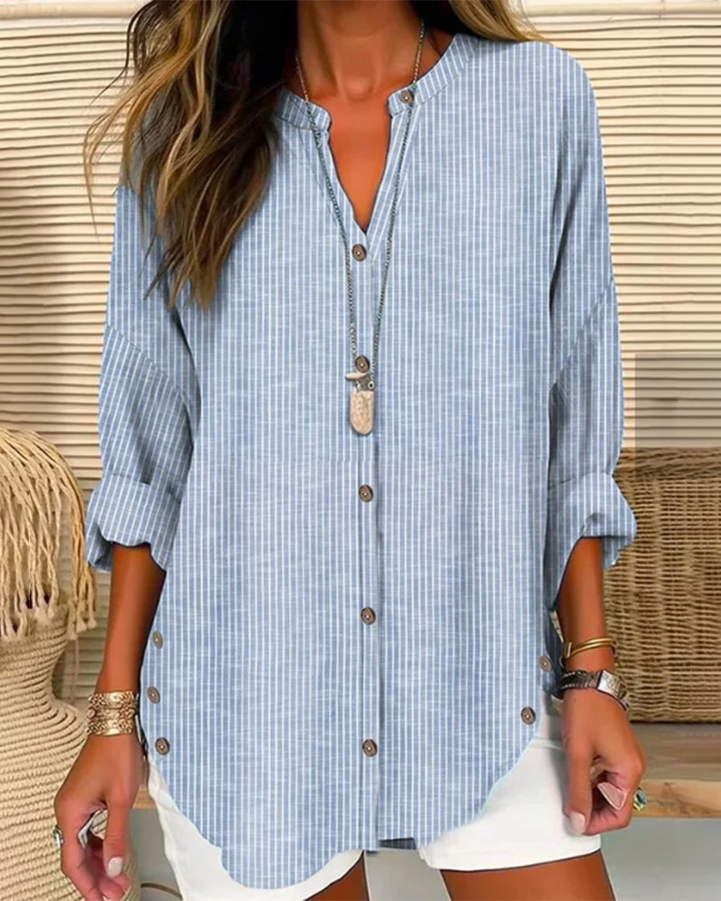 Women Loose Fit Long Sleeve Button-Up Blouse Striped V-Neck