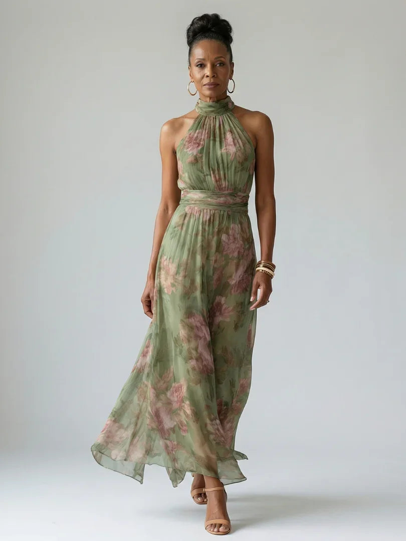 Midi Dress Floral Halter Gathered Bodice Sleeveless | Soraya