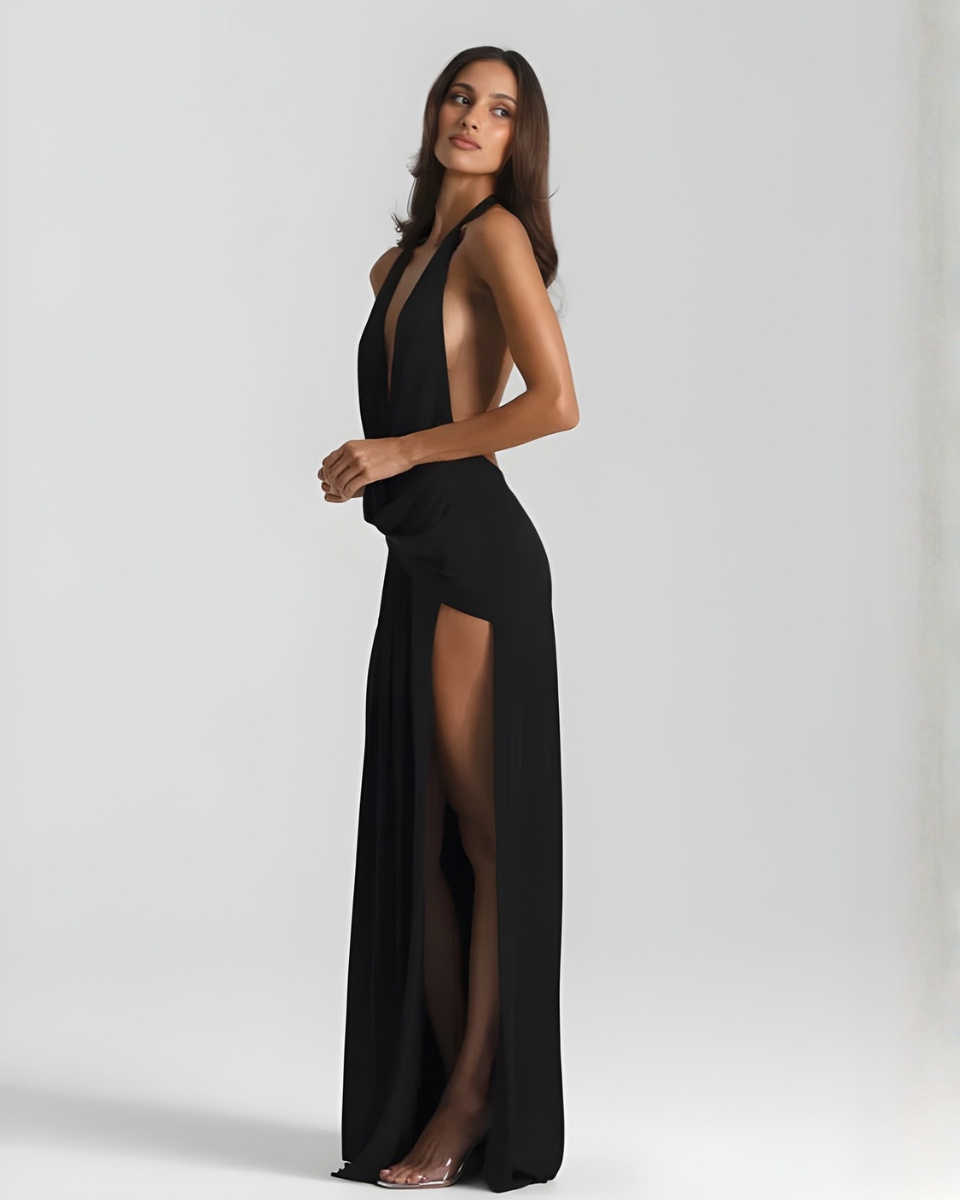 Anouk | Halter Neck Maxi Dress | Backless, High Slit | Evening & Wedding