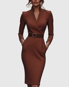 Midi Dress Women Fitted Pencil Wrap Neckline Three Quarter Sleeve