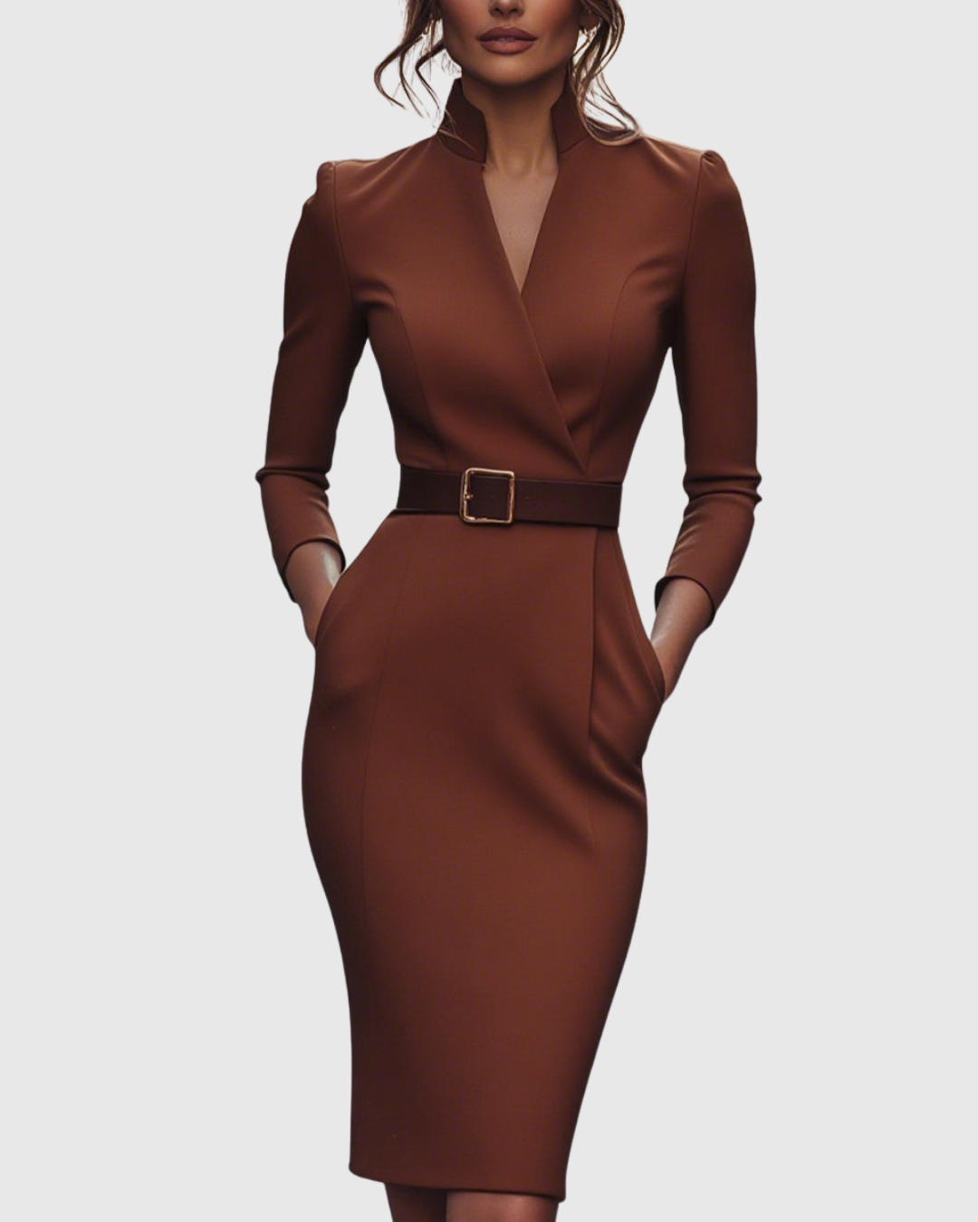 Midi Dress Women Fitted Pencil Wrap Neckline Three Quarter Sleeve