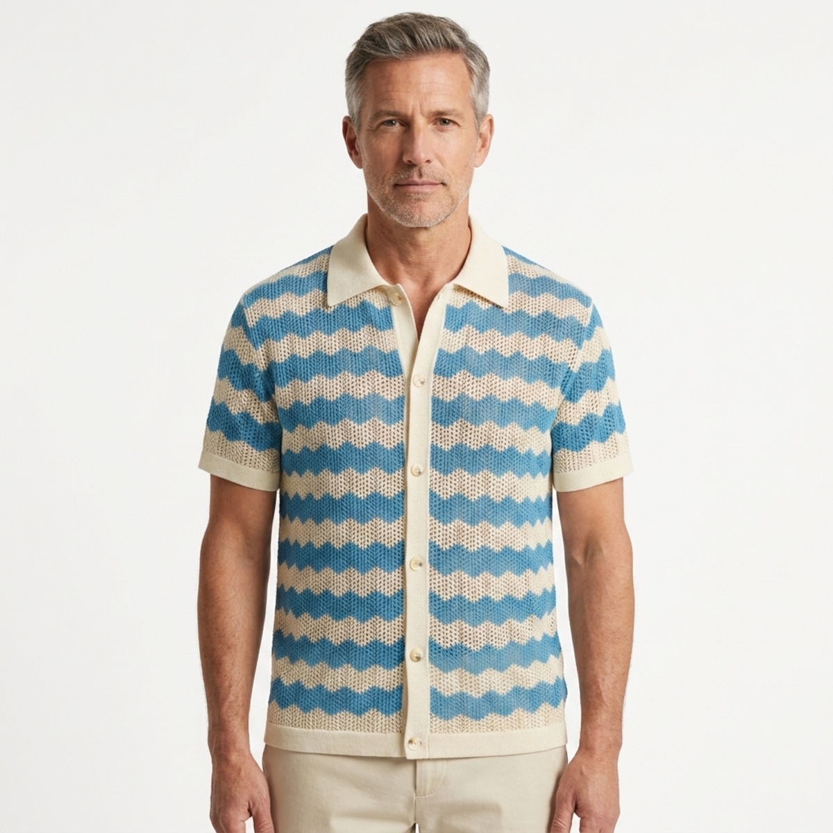 Resort Wear Men Knit Polo Shirt Vertical Stripes Camp Collar | Aria