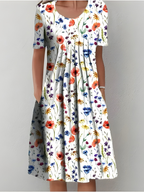 Women Pleated Floral Dress with Pockets
