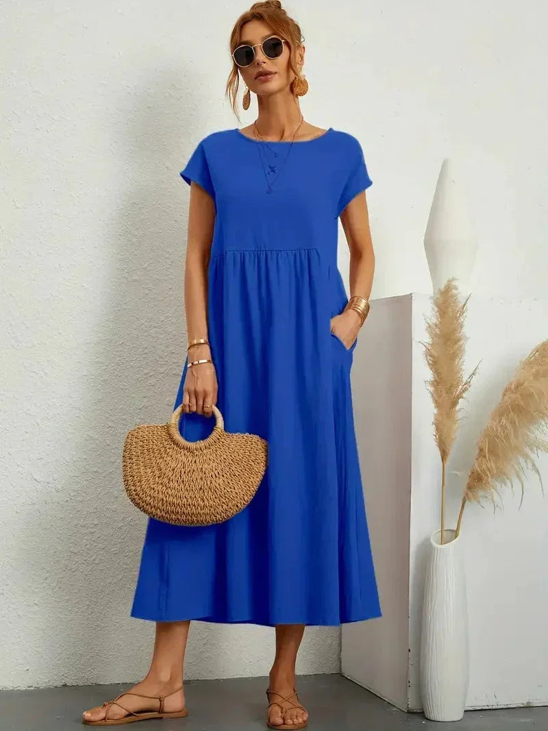 Women Casual Midi Maxi Dress with Pockets Short Sleeve