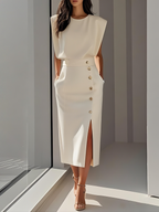 Calla | Women's Midi Dress | Round Neckline, Button Slit | Structured