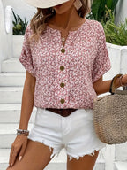Women Blouse Short Sleeve Button Front Printed Loose Fit | Una