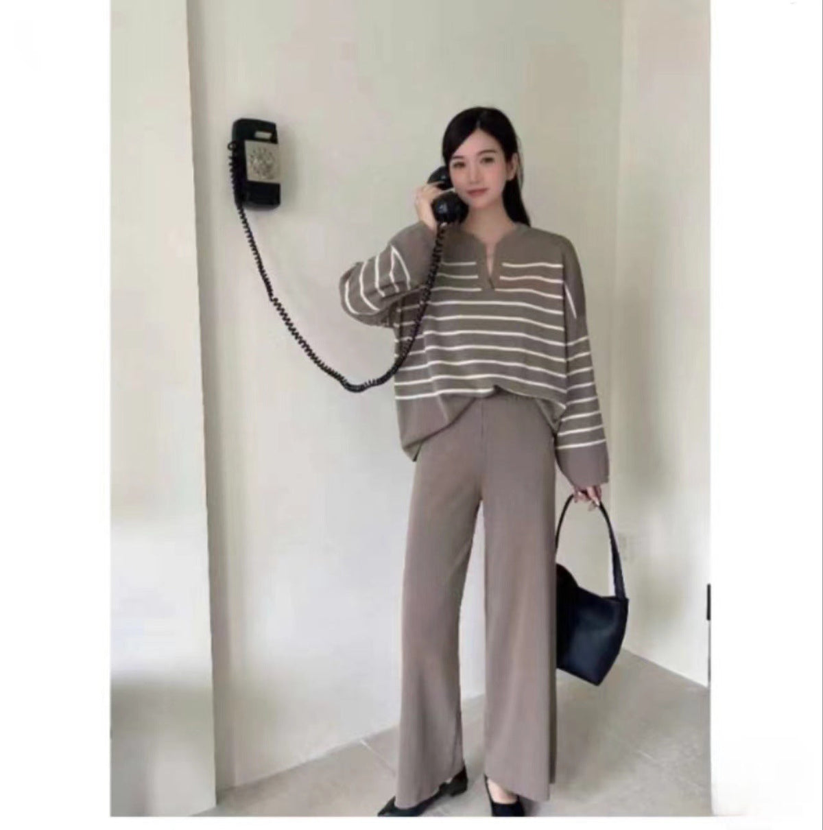 Women 2 Piece Knit Blouse Wide Leg Trousers Striped Set