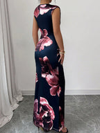 White Maxi Dress Sleeveless Bodycon Floral Print Round Neck