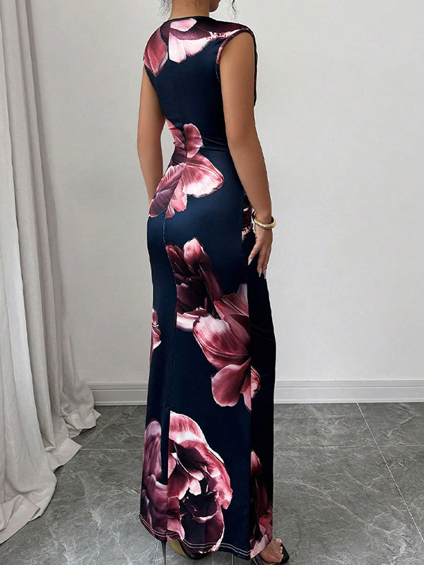 White Maxi Dress Sleeveless Bodycon Floral Print Round Neck