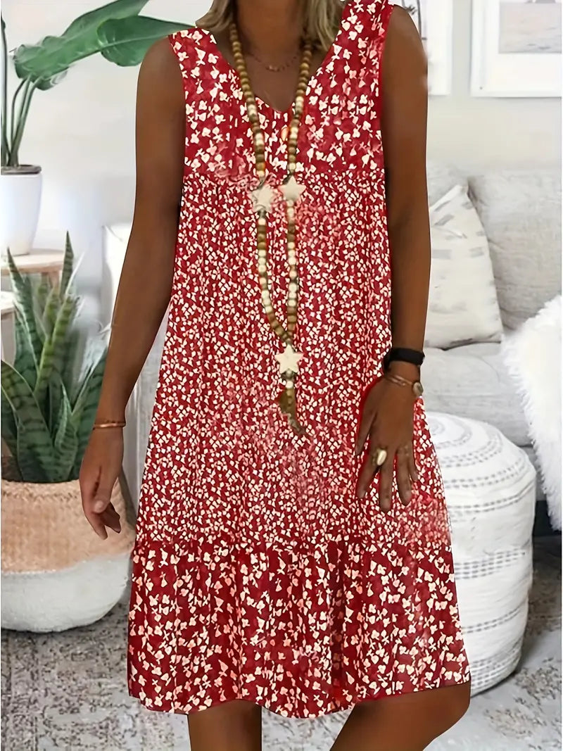 Floral Dress Women Lightweight Midi Length Sleeveless V Neck