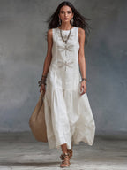 Linen Dress Women Long Cotton Blend Bohemian Dragonfly Embroidered