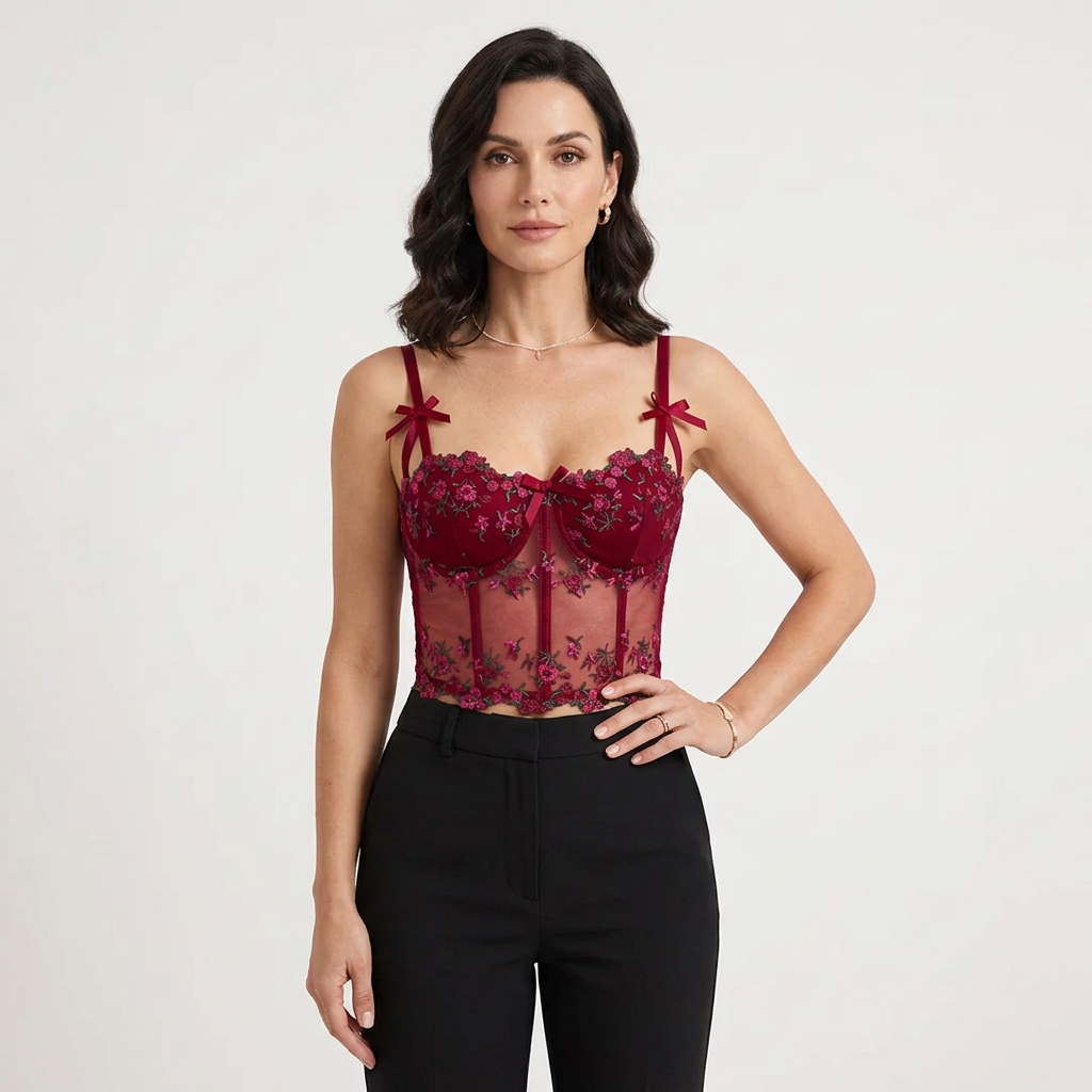Corset Top Women Floral Embroidered Sheer Mesh Structured Cami | Calla