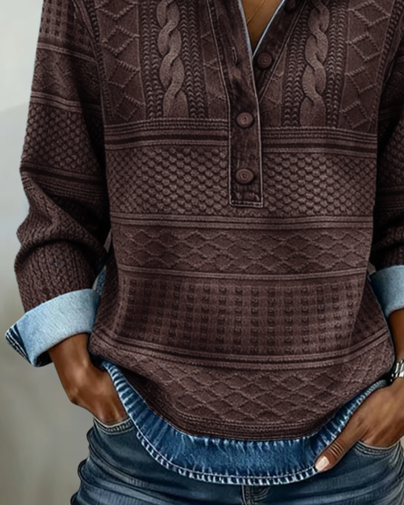 Women Half Button Collar Sweatshirt Textured Knit