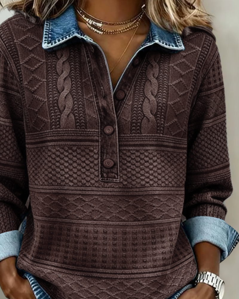 Women Half Button Collar Sweatshirt Textured Knit