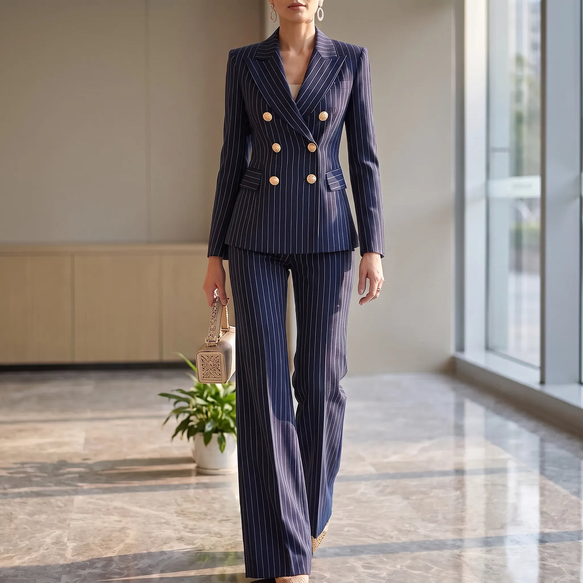 Women 2 Piece Suit Wide Leg Striped Blazer Set