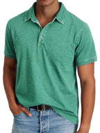 Polo Shirt Men Button Placket Collar Relaxed Fit Lightly Faded