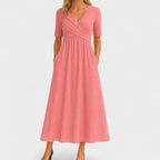 Nina | Midi Dress | Surplice V-Neckline, Elbow Sleeves | Side Pockets