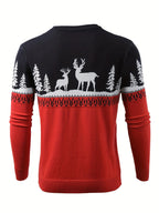 Christmas Sweater Men Reindeer Motif Knit Pullover Crew Neck