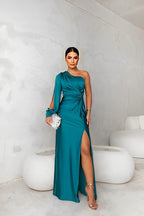 Evening Dress | One-Shoulder Satin Maxi, High Slit & Draping | Esma