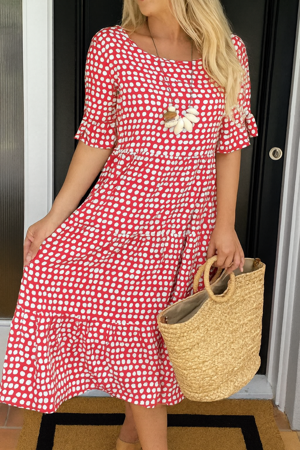 Women Midi Day Dress | Short Sleeve Casual Relaxed Fit Round Neck
