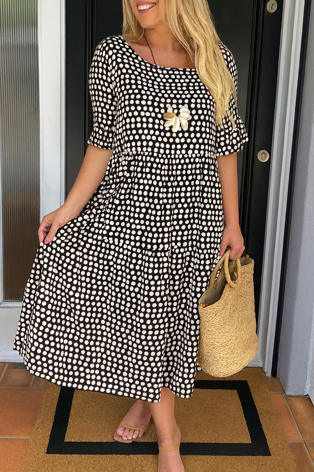 Women Midi Day Dress | Short Sleeve Casual Relaxed Fit Round Neck