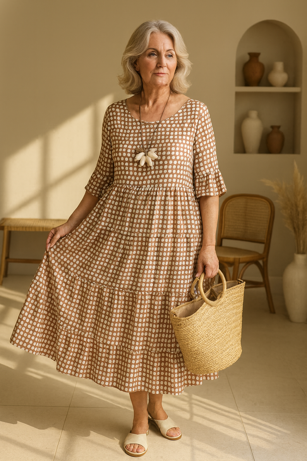 Women Midi Day Dress | Short Sleeve Casual Relaxed Fit Round Neck