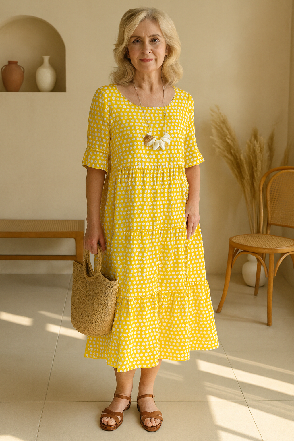 Women Midi Day Dress | Short Sleeve Casual Relaxed Fit Round Neck